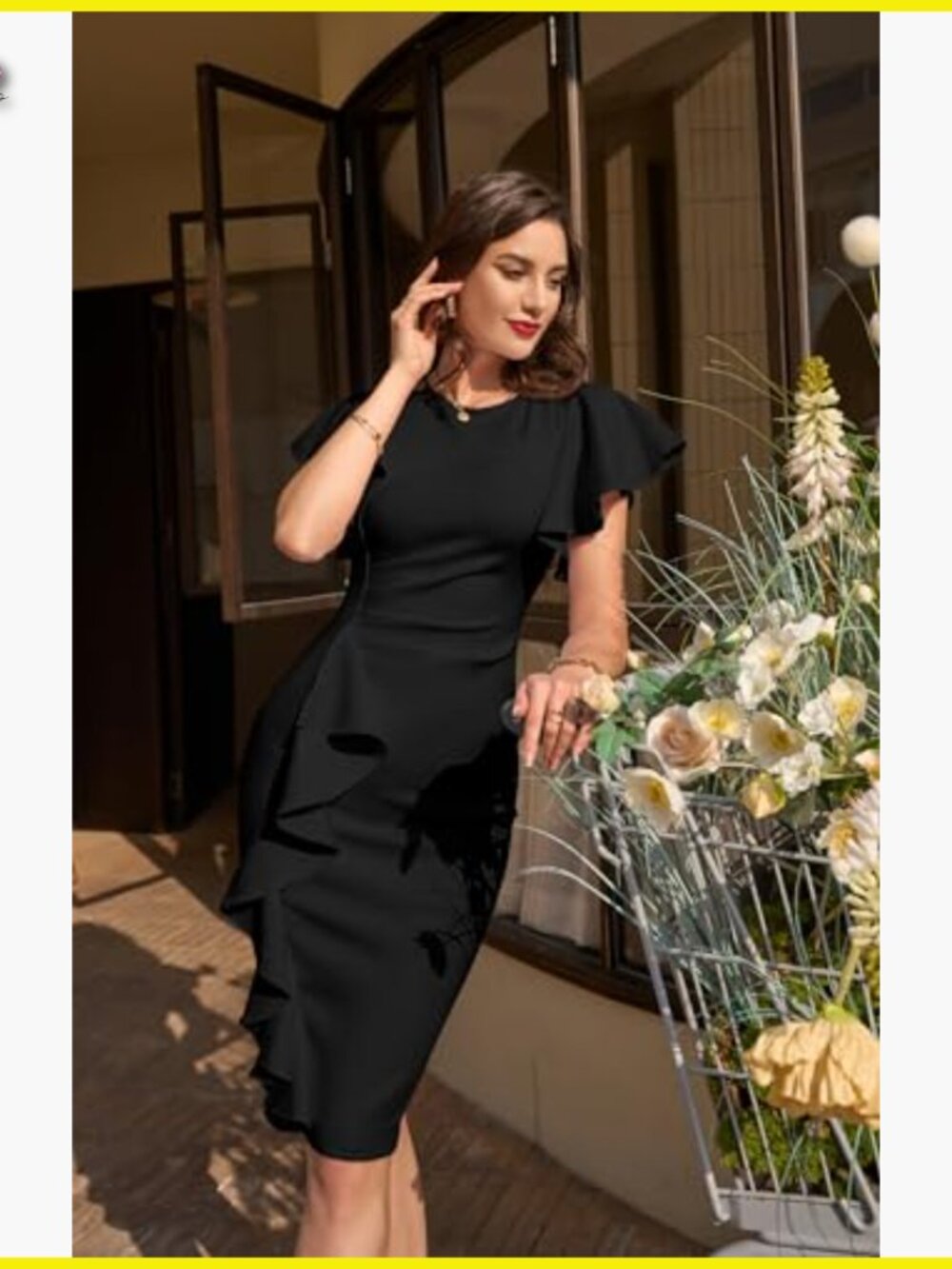 Vintage Ruffle Sleeve Bodycon Midi Dress Elegant Retro Work Formal Wear - Picture 4 of 7